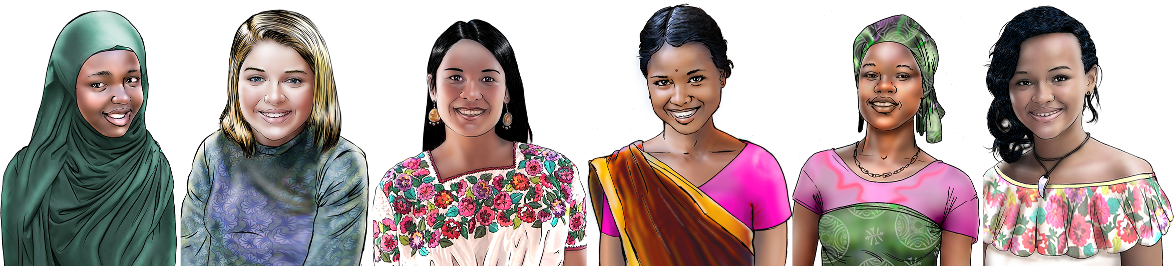 Illustration of smiling adolescent girls in a row. 