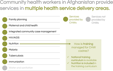 Community health workers in Afghanistan provide services in multiple health service delivery areas.