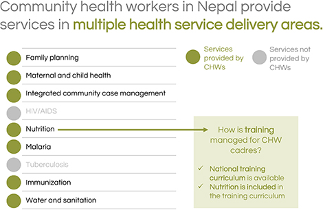 Community health workers in Nepal provide services in multiple health service delivery areas.