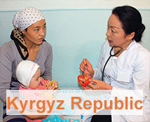 A doctor consults with a woman and her child in the Kyrgyz Republic.