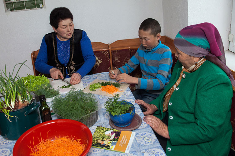 Photo of a family working with vegetables.