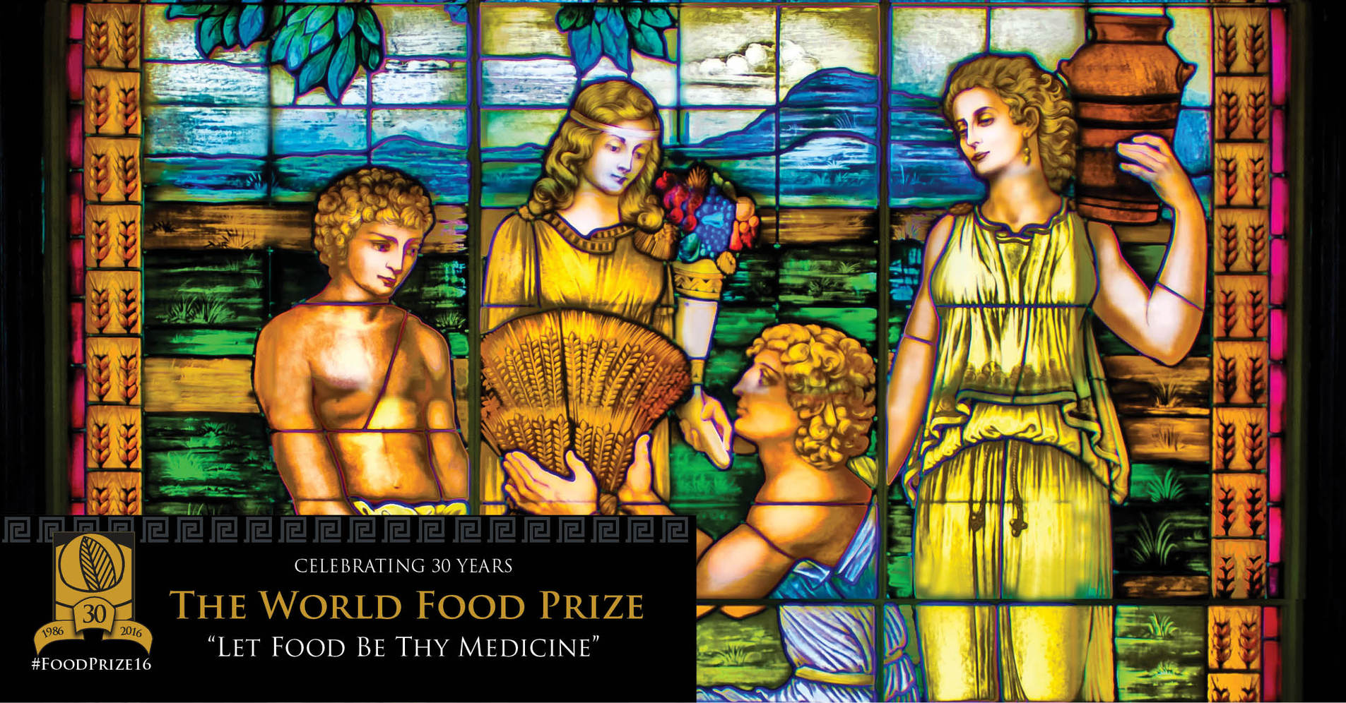 Stainglass depicting food being handed over (Image from the Borlaug Symposium)