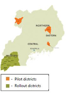 Map of Uganda showing pilot districts and rollout districts for the Disrict Assessment Tool for Anemia (DATA), which was developed by SPRING to help district personnel better understand anemia, analyze its primary causes, and prioritize activities to address anemia in their district.