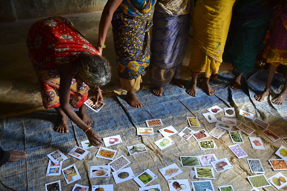 Grandmothers participating in a focus group sort cards of local foods into piles that indicate each food’s affordability locally.