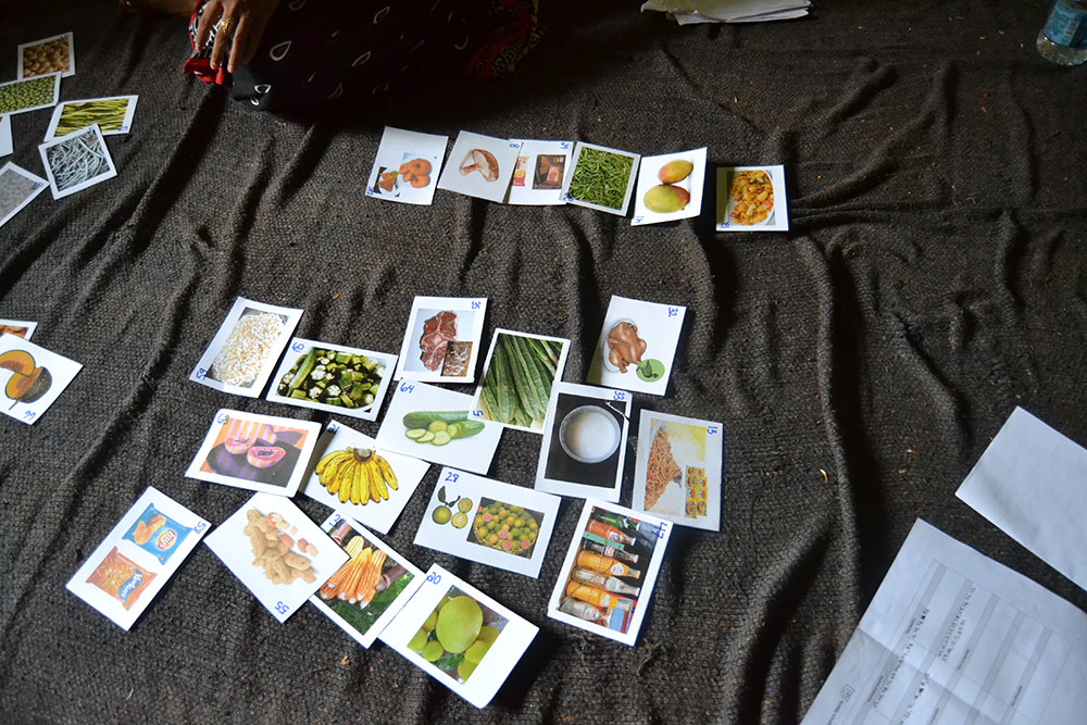 Food cards sorted by a focus group into piles. Each pile represents the availability of each food in the focus group’s village (very available, somewhat available, and not available). 