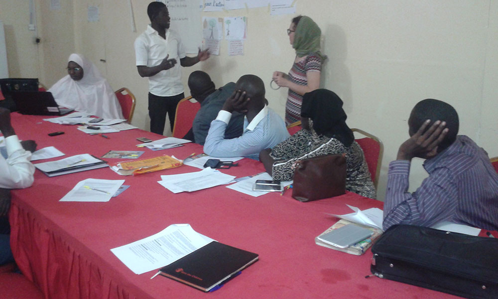 Facilitators prepare for video concept testing in Niger. Prior to working with community members, facilitators develop scenarios that  include facts and benefits to encourage uptake of the desired hygiene and nutrition behaviors.
