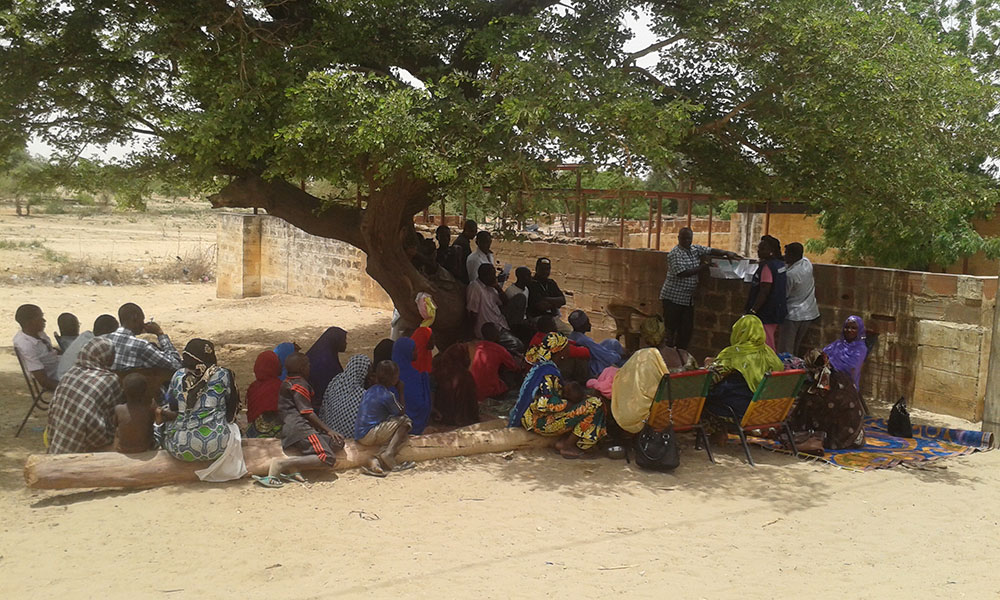 Eight women and six men listen to three video scenarios targeting hygiene and nutrition-related behaviors in El Kolta village in the Maradi region before giving their reactions. The people outside the inner group are being trained in concept testing.