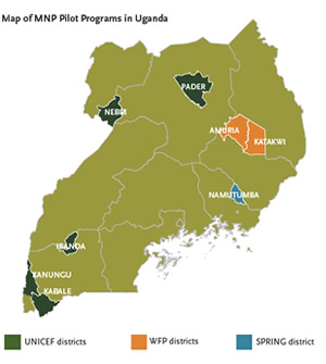 Map of MNP Pilot Programs in Uganda. SPRING piloted in Namutumba District