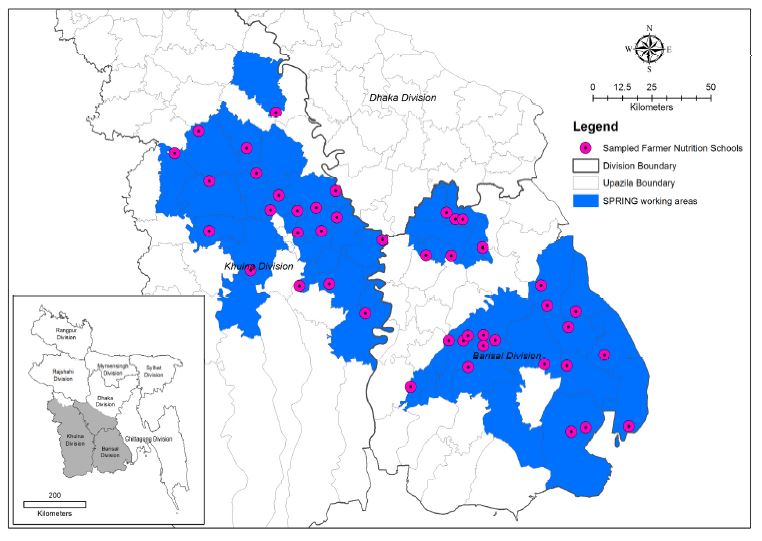 Map of Sampled farmer nutrition schools in the SPRING Implementation Area. The SPRING working areas are largely in the Barishal Division and the Khulna Division.
