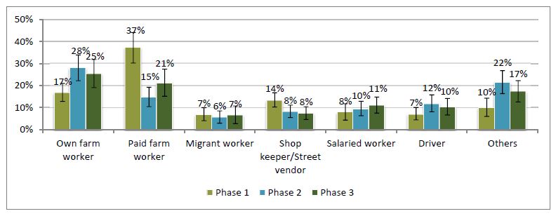 Bar chart.
Own farm worker - Phase 1, 17%; Phase 2, 28%; Phase 3; 25%.
Paid farm worker - Phase 1, 37%; Phase 2, 15%; Phase 3; 21%.
Migrant worker - Phase 1, 7%; Phase 2, 6%; Phase 3; 7%.
Shop keeper/Street vendor - Phase 1, 14%; Phase 2, 8%; Phase 3; 8%.
Salaried worker - Phase 1, 8%; Phase 2, 10%; Phase 3; 11%.
Driver - Phase 1, 7%; Phase 2, 12%; Phase 3; 10%.
Others - Phase 1, 10%; Phase 2, 22%; Phase 3; 17%.
