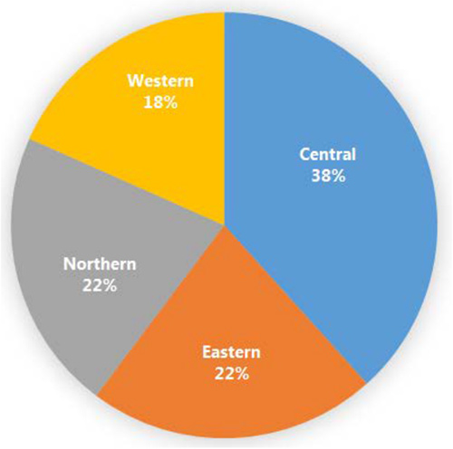 Pie chart of percentage of maize millers. 18% Western, 22% Northern, 22% Eastern, 38% Central
