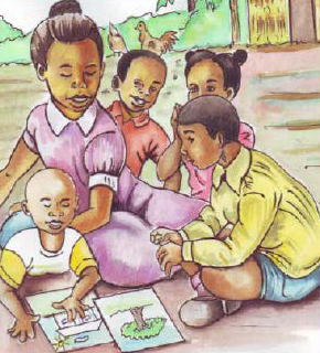 Illustration of children gathered outside looking at pictures