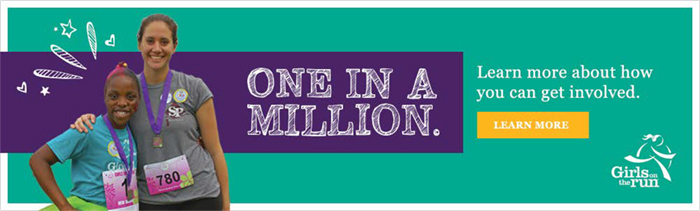 One in a Million banner with a picture of a woman and girl and Girls on the Run logo