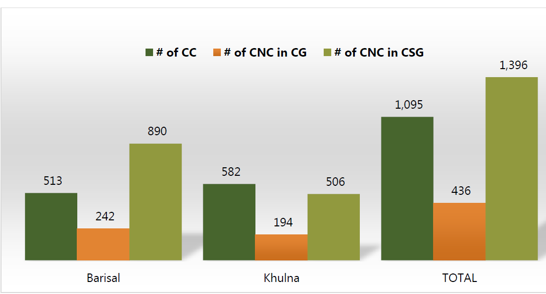 Bar chart showing # fo CC, # of CNC in CG and #  of CNC in CSG. In Barisal, CC is 513, CNC in CG is 242 and CNC in CSG is 890. In Khulna, CC is 582, CNC in CG is 194 and CNC in CSG is 506. Total, CC is 1,095, CNC in CG is 436 and CNC in CSG is 1,396.