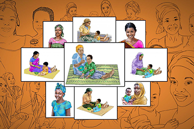  a collage of nine illustrations of mothers with their children or by themselves. 