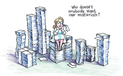 The exaggerated idea of stacks of materials is best served by a cartoon style.