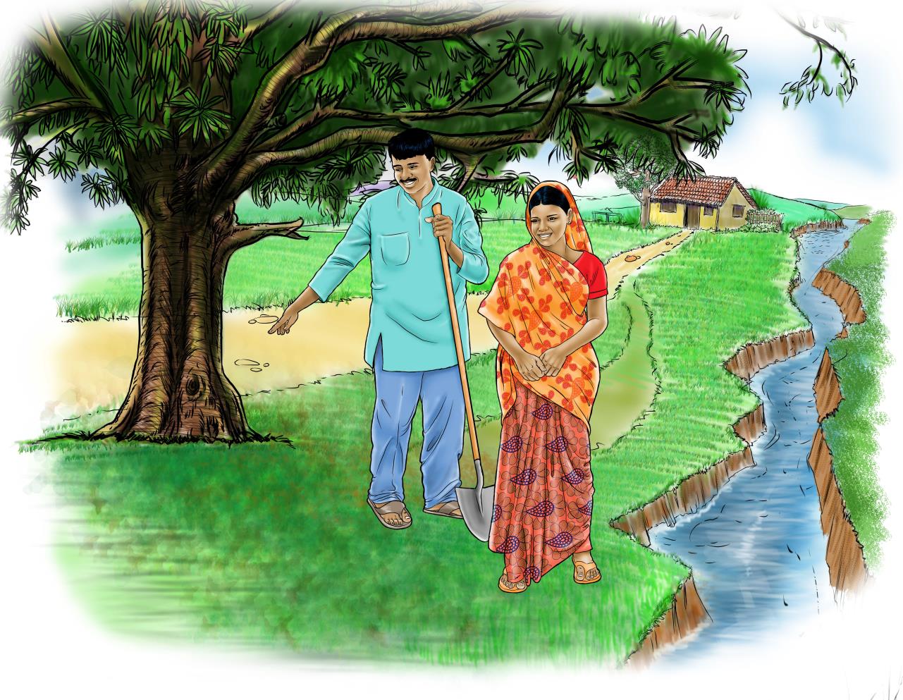 Illustrated image of a man and woman walking near a stream. 