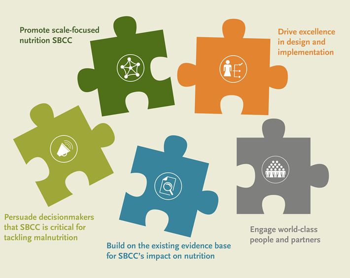 Graphic showing puzzle pieces labeled promote scale-focused nutrition SBC, Dirve excellence in design and implementation, Persuade decision-makers that SBC is critical for tackling malnutrition, build on the existing evidence base for SBC's impact on nutrition, Engage world-class people and partners