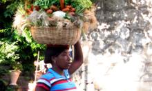 A Haitian woman carries fresh vegetables.