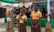 School pupils reciting a poem on the effects of malnutrition on children.