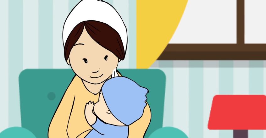Animated mother peacefully breastfeeds her baby