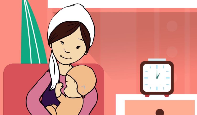 Animated mother sits in a chair and breastfeeds her baby.