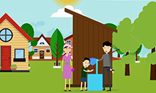 Animated image taken from the video showing a happy family outside their clean latrine and tap. 