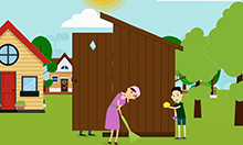 Image from the video showing two animated figures cleaning a latrine. 