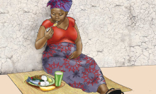 Illustration of a pregnant woman eating on a mat